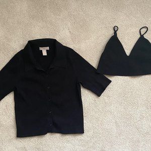 H&M Rib Knit Collared Button Down with Crop Top
